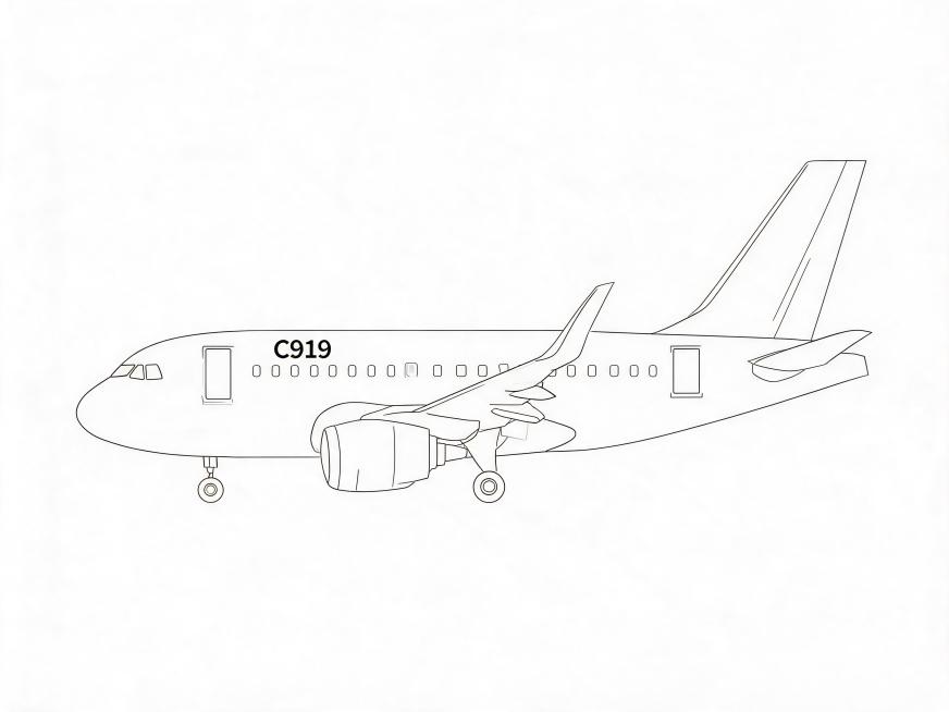 C919飞机模型机身侧面线稿，黑色简约线条，干净背景，机身轮廓细节清晰预览效果