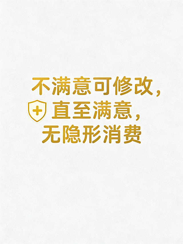 售后保障说明图，背景用简约浅灰色调，用温暖的圆体字突出文字"不满意可修改，直至满意，无隐形消费"，搭配盾牌图标强化保障感，整体排版简洁亲和，消除用户顾虑