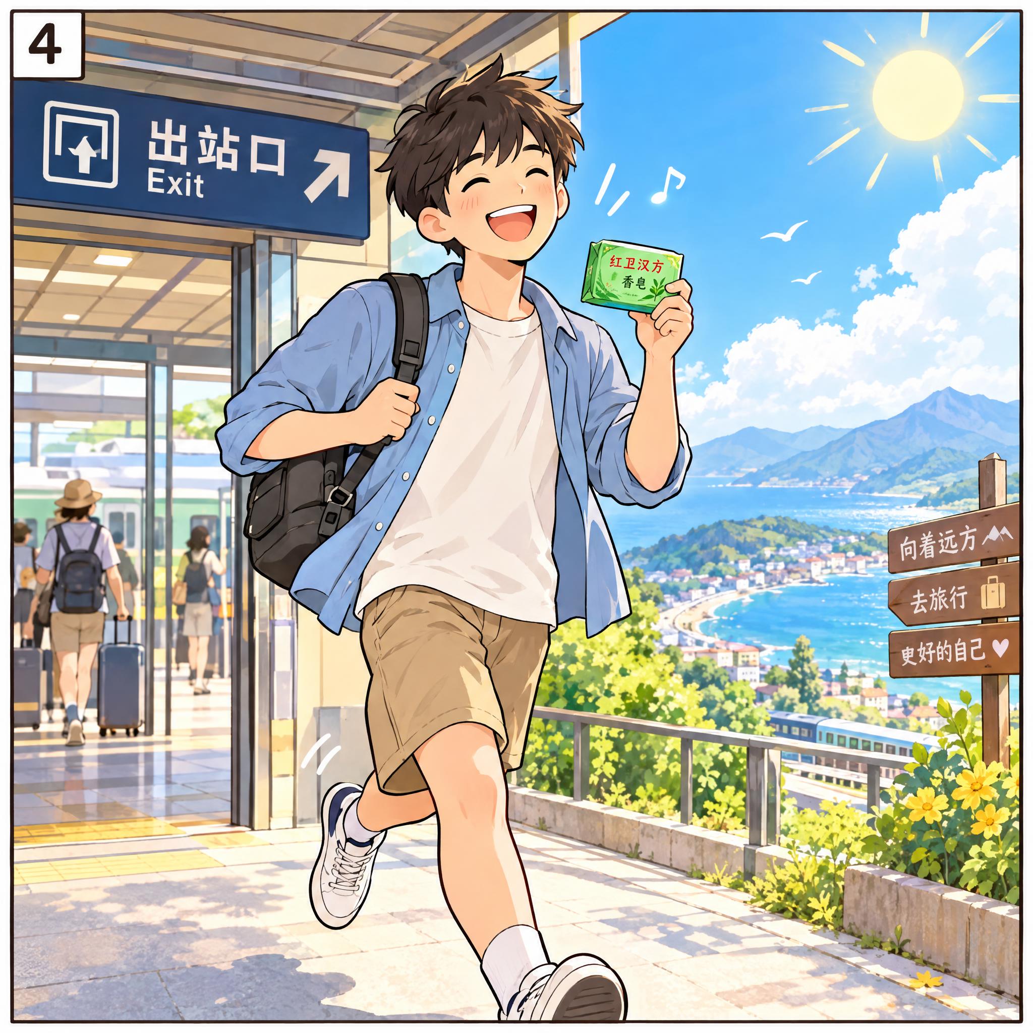 漫画风格四格漫画第四格，男生轻松愉快地背着小包出发了，手里只拿… - 图片创意预览