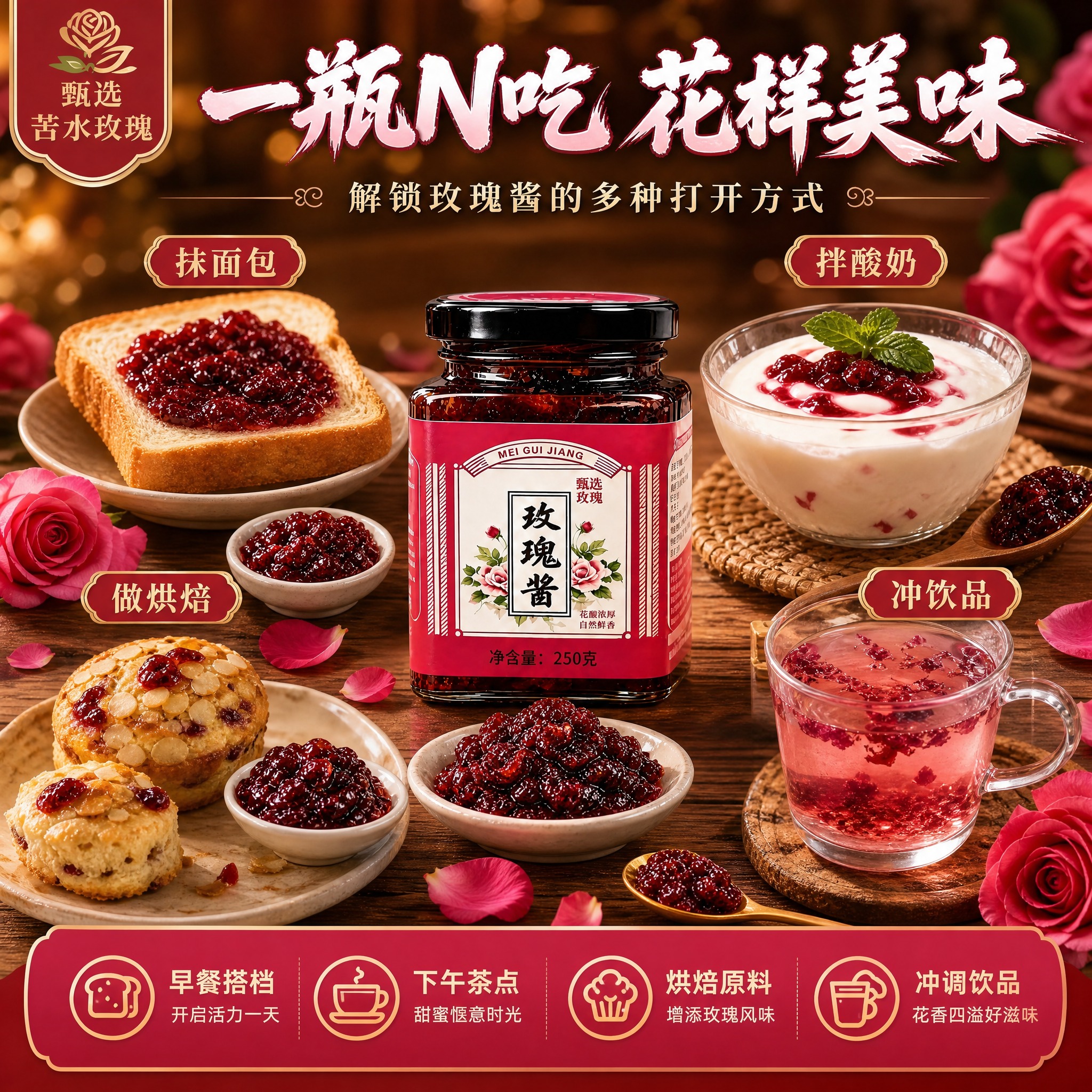 [主图-4 多种吃法款] 苦水玫瑰酱250g玻璃瓶装，1:1方… - 图片创意预览