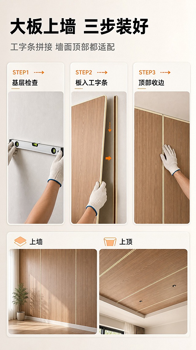 [商品] 使用【图84】的板材与【图96】的大板拼接形态；保持约 1 米宽大幅面板、工字条拼接细窄缝、木纹与米白边口；手部与工具为安装演示辅助，不得遮挡板面与拼接缝关键位置。
[画面] 目标演示安装流程：三段式 STEP1-3 卡片纵向排列，STEP1 戴手套的双手用水平尺检查墙面基层平整；STEP2 双手将大板一端嵌入工字条并贴合墙面，接触点、受力方向与连续路径清楚；STEP3 将同款大板安装到顶部并做收边收口，墙面与顶部交界清晰；三步下方横向一条小窗，左侧“上墙”、右侧“上顶”；画面无人物面部、无多余手指、无穿模，板面仍为大板 + 工字条拼接，不得画成密集窄条。
[视觉] 套系策略：风格=现代家装建材商业摄影；标题字=现代无衬线粗体；正文字=简洁现代无衬线体；主色=暖白至浅暖灰渐变；背景延展=基于暖白至浅暖灰做深浅层级与哑光墙面质感；强调色=暖橙，仅用于小面积图标、引线、标签；标题色=深炭黑；正文色=中暖灰；组件=圆角浅色信息卡、细线引线、圆角小图标；光影=右前侧暖柔光与室内自然光。STEP 编号与箭头用暖橙。
[文字] 上方主标题“大板上墙 三步装好”，副标题“工字条拼接 墙面顶部都适配”；三步标签“STEP1 基层检查”“STEP2 板入工字条”“STEP3 顶部收边”；底部小窗标签“上墙”“上顶”；全部横排。
[规格] 图片比例 9:16 竖版，1080×1920，4K画质；避免手指畸形、穿模、板幅错误、密集窄条、变形、错字、竖排文字、水印、平台 Logo、绝对化用语。