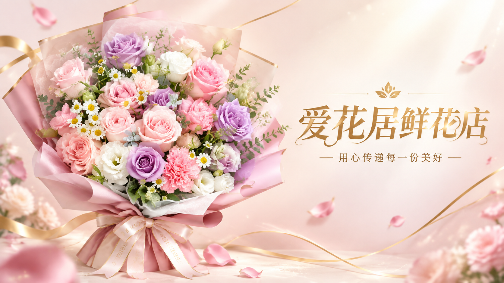 设计一张高端鲜花店品牌主图Banner，16:9横版构图。画面… - 图片创意预览