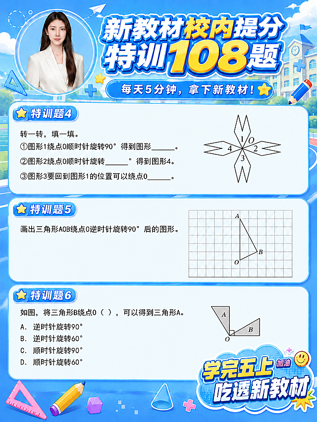 将图中的「特训题1」改为「特训题4」，「特训题2」改为「特训题5」，「特训题3」改为「特训题6」，只修改题号数字，标签样式、字体、颜色、位置以及其他所有内容（题目、图形、背景、人物、标题、装饰元素等）全部保持不变。