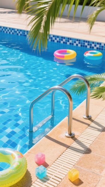 夏日泳池的写实摄影，清澈见底的蓝色池水，阳光照耀下波光粼粼，池壁由蓝白相间的马赛克瓷砖铺成，池边是浅棕色的防滑地面，银色金属扶手的泳池阶梯部分浸入水中，水面倒映着扶手的影子，池边点缀着色彩鲜艳的充气游泳圈、漂浮的彩色冰块和几片绿色的棕榈叶，营造出轻松愉悦的夏日氛围，光线明亮，色彩饱和，细节清晰，高清晰度的照片质感。预览效果