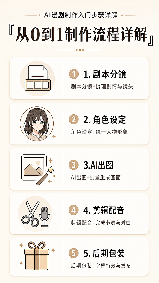 AI漫剧制作入门步骤详解，大标题写"从0到1制作流程详解"，依次列出：剧本分镜、角色设定、AI出图、剪辑配音、后期包装五个步骤，每个步骤配图标说明，风格简约清晰，暖米色背景，竖版小红书图文，无水印，文字无错别字