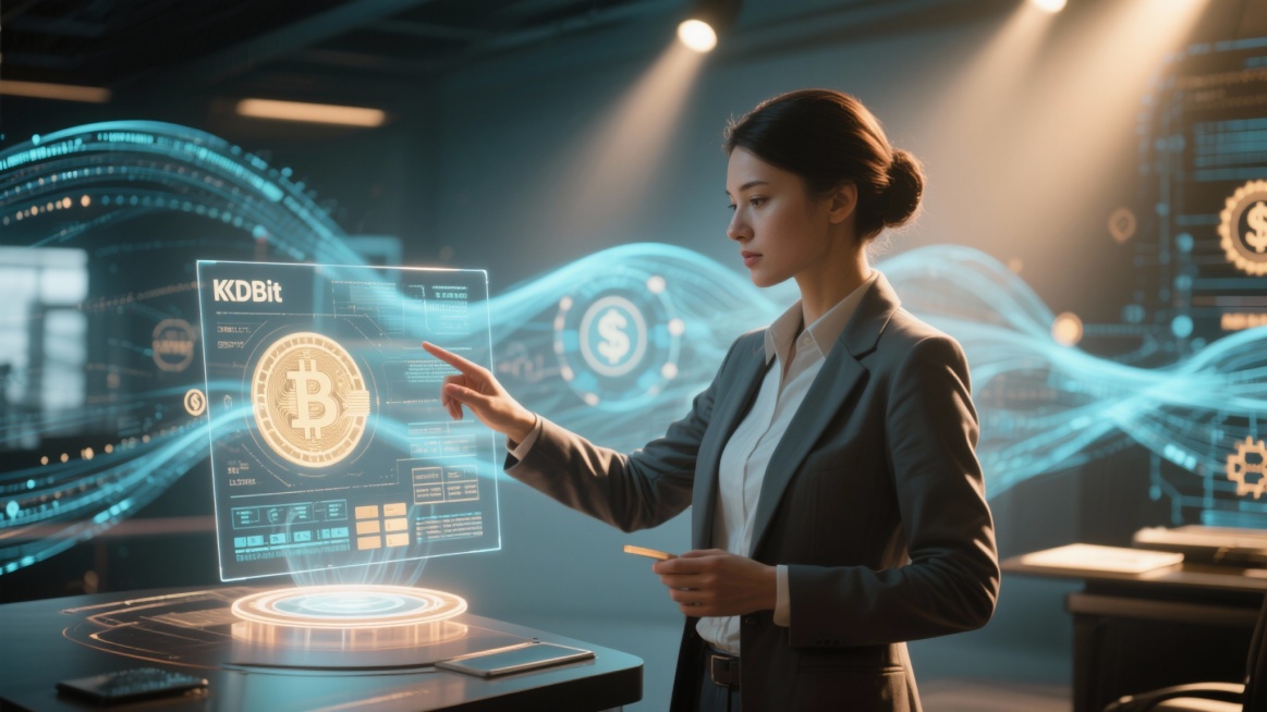 A professional in modern business attire interacting with a floating holographic KKDBit trading dash预览效果