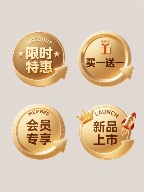 四个规整排布的金色电商促销标签图标，保持统一的3D立体渐变质感、光滑金属光泽和高光阴影效果，每个标签都有圆形轮廓和弧形箭头装饰，背景为纯色。第一个标签文字为"限时特惠"，上方有"DISCOUNT"字样和星形图案；第二个标签文字为"买一送一"，上方有"GIFT"字样和礼盒图案；第三个标签文字为"会员专享"，上方有"MEMBER"字样和皇冠图案；第四个标签文字为"新品上市"，上方有"LAUNCH"……预览效果