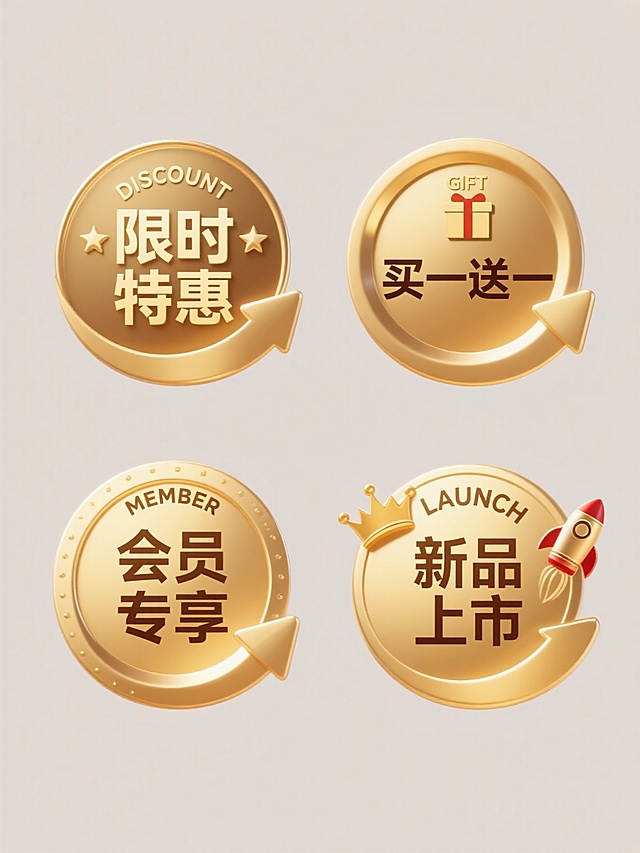 四个规整排布的金色电商促销标签图标，保持统一的3D立体渐变质感、光滑金属光泽和高光阴影效果，每个标签都有圆形轮廓和弧形箭头装饰，背景为纯色。第一个标签文字为"限时特惠"，上方有"DISCOUNT"字样和星形图案；第二个标签文字为"买一送一"，上方有"GIFT"字样和礼盒图案；第三个标签文字为"会员专享"，上方有"MEMBER"字样和皇冠图案；第四个标签文字为"新品上市"，上方有"LAUNCH"字样和火箭图案。所有标签采用相同的金色调、字体风格和设计布局，形成系列感强的电商促销素材集合。