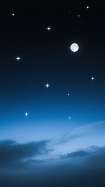 渐变深邃的夜空，深邃的靛蓝色至墨黑色的渐变背景，点缀着明亮的星星，几颗较大的星星散发着柔和的光芒，月亮挂在天空一侧，呈现出皎洁的白色，月光柔和地洒下，云层变得更加朦胧，呈现出淡淡的蓝灰色，整体氛围宁静而神秘，高清写实摄影风格，光线柔和，细节清晰，构图简洁，垂直画幅。预览效果