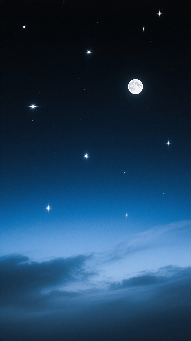 渐变深邃的夜空，深邃的靛蓝色至墨黑色的渐变背景，点缀着明亮的星星，几颗较大的星星散发着柔和的光芒，月亮挂在天空一侧，呈现出皎洁的白色，月光柔和地洒下，云层变得更加朦胧，呈现出淡淡的蓝灰色，整体氛围宁静而神秘，高清写实摄影风格，光线柔和，细节清晰，构图简洁，垂直画幅。