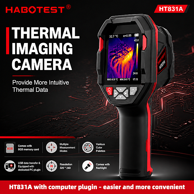 [第1屏] 头图展示 - HT831A handheld thermal imaging camera main visual poster. This screen uses [image1] as the product main body.
[氛围/风格] Professional industrial technology style, dark background with red and black accent, high definition commercial photography texture, objective and reliable, simple and prominent.
[元素布局] Product placed at center right, occupying about 65% of the screen; title area at top left, core卖点 tag at bottom. Keep product outline, physical structure, color matching completely consistent with the input product image. Add subtle circuit texture decoration at background.
[光影质感] Soft main light from left top, natural projection at right bottom, highlight edge lines and body texture, clear level of light and shadow.
[配色色系] Global background color #111111; main color black product body, auxiliary color red decoration line, title text uses white and red.
[视角构图] Front 45 degree oblique view, product as visual center, reading flow: top title -> center product -> bottom卖点 tag.
[文字版式] Top brand area: HABOTEST logo, right top model label HT831A. Large main title: THERMAL IMAGING CAMERA, subtitle: Provide More Intuitive Thermal Data. Bottom core卖点 highlight: HT831A with computer plugin - easier and more convenient. Use Alibaba free commercial fonts, text clear and readable, no overlapping product main body.
[比例分辨率] 1:1 square ratio, 4K resolution, clear text, high-definition quality.
[负向提示词] product deformation, missing parts, wrong structure, color deviation, blurred product image, watermark, text confusion, small text, Chinese characters