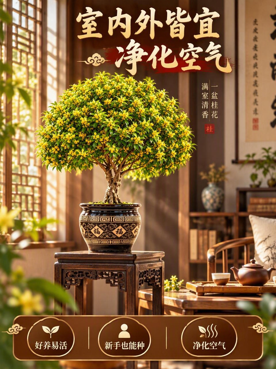 淘宝天猫电商主图第3张，3:4竖版，桂花盆景室内摆放场景主图，… - 图片创意预览