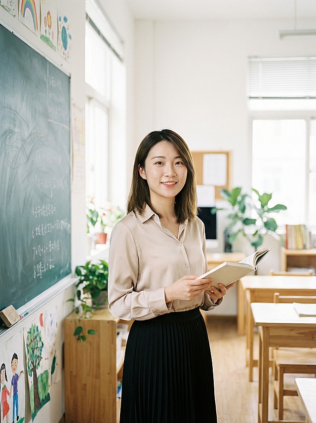 一位年轻的东亚女教师，留着齐肩短发，身穿浅米色丝绸衬衫和黑色百褶裙，面带温柔的微笑，双手捧着一本打开的书，站在教室的黑板前，背景是明亮整洁的课堂环境，光线柔和自然，画面清新治愈。