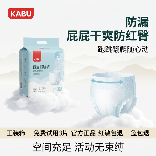 1:1 竖版高级电商主图，清新简约风格，背景为纯白柔光底色，优化增加空间感，添加很浅的浅色远山层叠，不抢产品视觉，加点云层，产品放在云层上展示，简约大气。严格还原卡布 kabu 婴儿弹拉裤产品图，包括预览效果