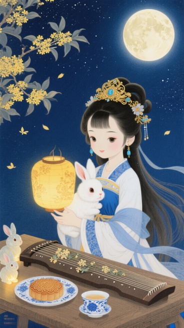 画面主体为Q版古风女子，身着蓝白相间的传统汉服，头戴金色镶玉发饰，耳饰蓝玉坠，长发飘逸，怀中抱着一只可爱的白色玉兔；女子手持一盏带花纹的暖黄色古风花灯。下方木桌上摆放着古筝，旁有盛着桂花点缀月饼的瓷盘预览效果