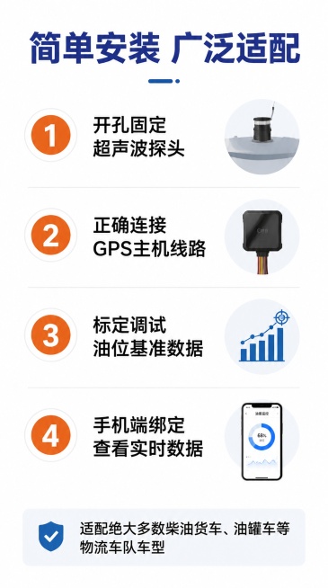[第9屏] 安装适配说明-安车星油量监控安装步骤。本屏为纯说明版面，分步骤清晰展示。
[氛围/风格] 简约说明风，浅白底，干净清晰，步骤明了，商务设计风格。
[元素布局] 顶部大标题区域，中部四个步骤预览效果