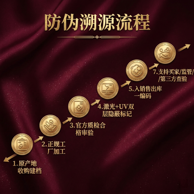 红金高端配色防伪溯源流程展示图，将所有文字替换为具有版权的精美字体，保留原有内容和布局，整体大气庄重预览效果