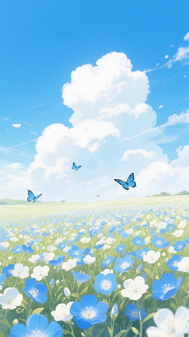 一片广阔无垠的花海，以蓝色和白色的花朵为主，花朵密集而繁茂，形态饱满，花瓣边缘清晰。天空湛蓝，飘着洁白蓬松的云朵，阳光明媚，光线柔和地洒在花海之上，形成明亮的高光和淡淡的阴影，营造出温暖而梦幻的氛围。几只蓝色的蝴蝶在花海上方翩翩起舞，姿态轻盈优美。整体画面采用日系插画风格，色彩清新明快，笔触细腻柔和，构图开阔，给人以宁静、愉悦和充满希望的感觉。