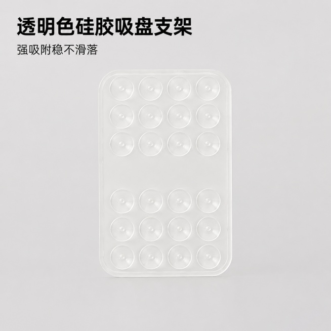 [主图-3] 透明色硅胶吸盘支架单品主图。
[氛围风格] 简约干净电商产品风
[画质] 商业摄影质感、光线均匀通透、产品清晰真实、画面干净高级
[元素] 透明色硅胶吸盘支架居中摆放，吸盘结构清晰展示。预览效果