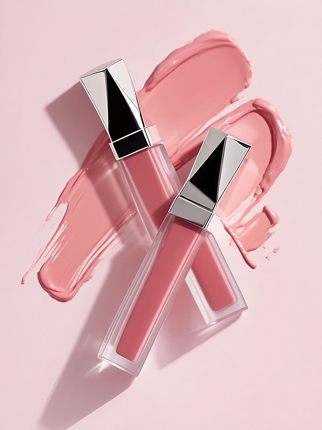 浅粉色背景，背景融入唇釉涂抹痕迹，位于唇釉后方，呈不规则形状