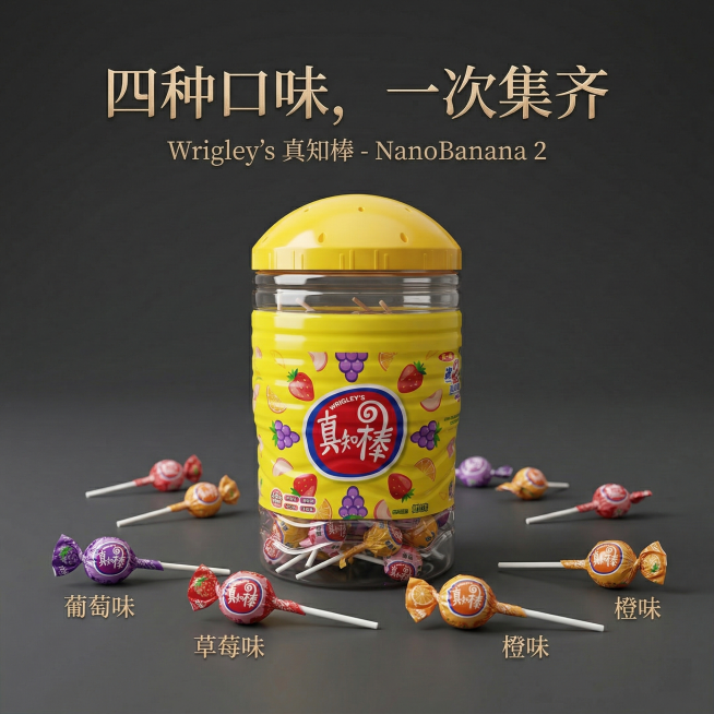背景改为简约的深灰色，桶装真知棒居中，周围散落不同口味的真知棒，添加卖点文案"四种口味，一次集齐"，风格高级质感预览效果