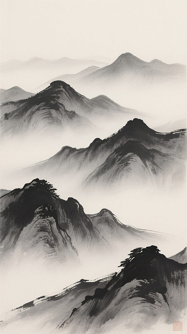 中国传统水墨风格的层叠山峦插画，以浓淡不一的墨色勾勒出山峦轮廓，近处山峰笔触清晰墨色较深，远处山峦逐渐晕染淡化融入朦胧雾气中，整体呈现由深至浅的渐变层次感，背景为淡雅的米白色，营造出宁静悠远、意境空灵的东方山水韵味，画面简洁而富有禅意，采用垂直构图展现群山连绵起伏的韵律感。