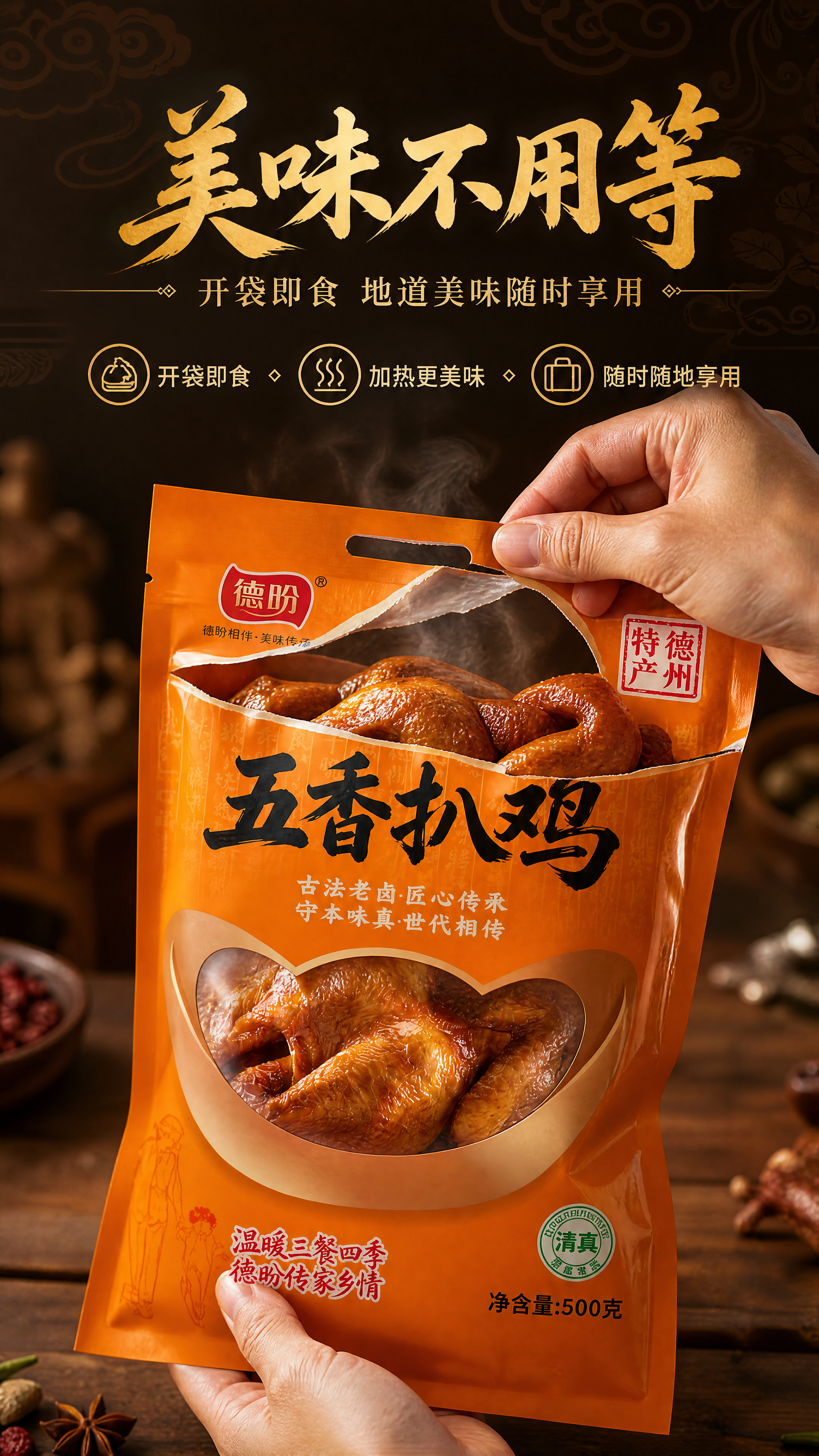 [商品] 使用【图1】德盼五香扒鸡橙色包装袋；保留包装袋外观、… - 图片创意预览