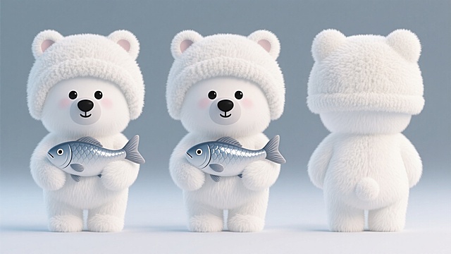 北极熊玩偶，戴着小熊毛绒帽子，抱着一条小鱼