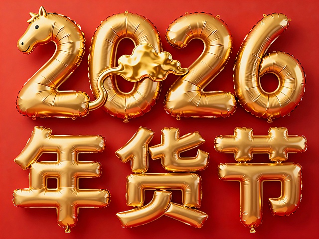 金色膨胀气球的饱满褶皱肌理的字， 在暖红色背景上，“2026年货节”字样 ：其中“2” 的左侧衔接简单马头，“0” 的位置一朵金色抽象云装饰，年货节放置在第二排