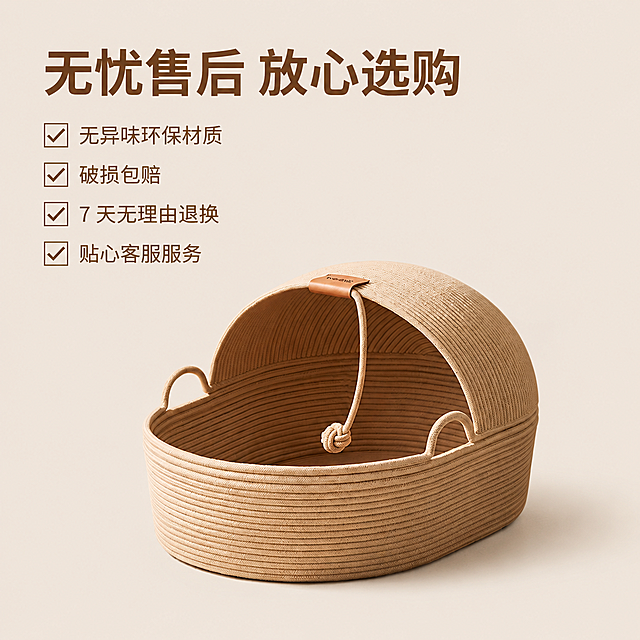 1:1 竖版电商主图，严格还原上传的天然绳编半封闭猫窝产品，包括浅卡其色绳编材质、半封闭穹顶造型、顶部棕色皮质标、绳结装饰、两侧提手等所有细节，产品外观、配色、材质质感完全与参考图一致，保持哑光绳编的天然肌理质感。整体为极简侘寂风排版，背景为浅米色纯色，猫窝位于画面中下位置，采用轻微侧视角度，完整展示产品。画面上半部分为文字信息区，主标题 "无忧售后 放心选购"，下方列出核心保障点："✅ 无异味环保材质 ✅ 破损包赔 ✅ 7 天无理由退换 ✅ 贴心客服服务"，暖棕色无衬线字体，左对齐排版，搭配简约的对勾图标，排版干净清晰，高级感强。整体画面高清，光影干净，色调统一，无多余元素，传递可靠的品牌感。排除模糊、低画质、变形、产品外观改变、配色改变、材质质感改变、文字错误、画面杂乱、色彩刺眼、多余杂物、非 1:1 比例、遮挡产品主体的画面