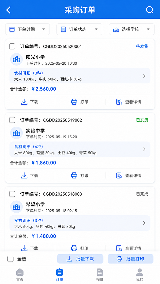 校园餐供应商移动端UI界面-采购订单管理页面。顶部蓝色导航栏，左侧返回箭头，中间白色标题“采购订单”，右侧搜索图标。顶部筛选栏：时间筛选、状态筛选、学校筛选下拉框。订单列表卡片，每个卡片包含：订单编号、学校名称、下单时间、食材明细、合计金额，底部操作按钮：下载、打印、查看详情。下载图标为向下箭头，打印图标为打印机图标。底部批量操作栏：全选复选框、批量下载、批量打印按钮。底部导航栏：首页、订单、报价、我的。整体蓝白配色，卡片式圆角设计，现代简约移动端APP风格，与参考供应商管理端界面排版风格完全一致