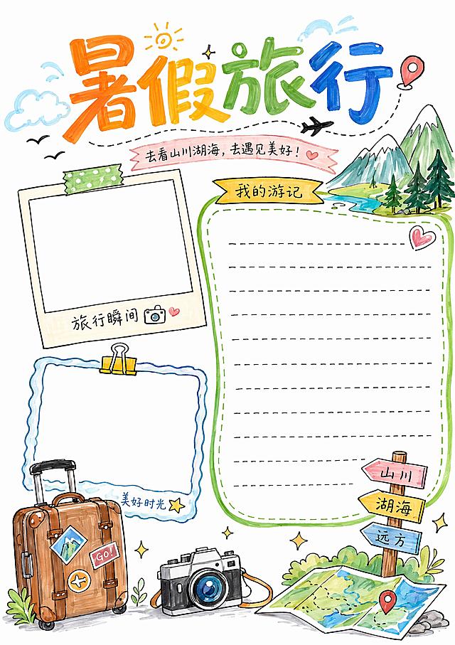 马克笔手绘风格，白底，主标题"暑假旅行"，留出照片粘贴和游记区域，装饰行李箱、相机、山川等旅行简笔画元素，A4竖版尺寸，文字清晰，版式精美，尺寸210*297mm竖版，马克笔手绘风，白底。