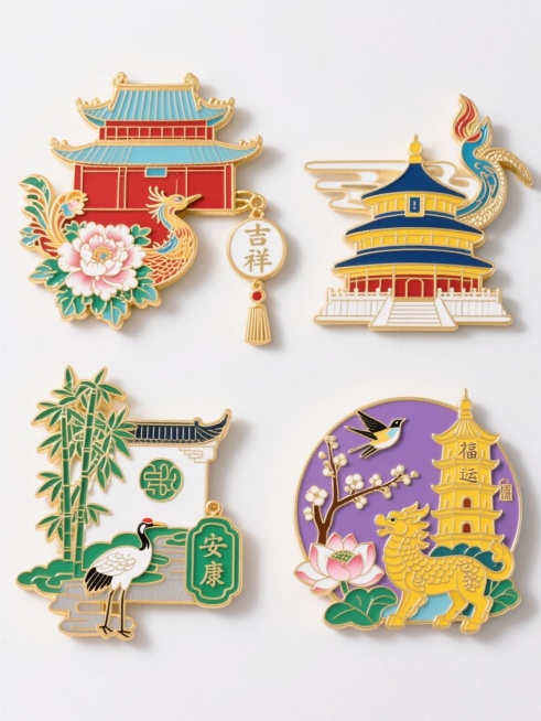 一套4个中国风金属珐琅冰箱贴系列，保持原图精致华丽的艺术风格，采用金色描边、蓝白渐变珐琅釉色、立体浮雕质感和细腻光影效果，每个冰箱贴均包含传统建筑、自然元素、祥瑞动物和汉字吊坠的经典组合。第一个冰箱贴以红色调为主，描绘故宫角楼、盛开牡丹、展翅凤凰和"吉祥"吊坠；第二个为绿色调，展现苏州园林、翠竹、仙鹤和"安康"吊坠；第三个是紫色调，呈现雷峰塔、梅花、喜鹊和"福运"吊坠；第四个为黄色调，刻画天坛……预览效果