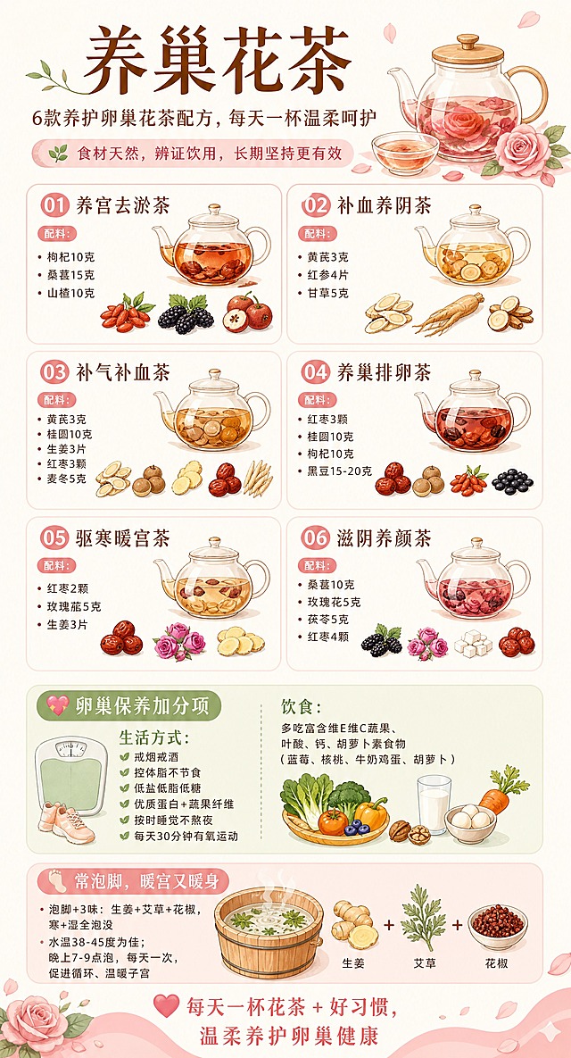女性健康养生科普长图海报，主题"养巢花茶"，温暖治愈风格：奶油白底+柔粉色+暖棕+淡绿点缀，干净专业、温柔有亲和力。竖版长图构图，现代简约营养养生科普设计，扁平手绘插画风，花茶茶壶和食材图标精致。

顶部标题区：
主标题"养巢花茶"
副标题"6款养护卵巢花茶配方，每天一杯温柔呵护"
柔粉圆角横幅："🌿 食材天然，辨证饮用，长期坚持更有效"
配手绘花茶壶/玫瑰花瓣插画。

中部六款花茶配方板块（2列×3行卡片布局，每张卡片含茶名、配料、手绘茶壶和食材图标）：

1. "01 养宫去淤茶" —— 配料：枸杞10克 + 桑葚15克 + 山楂10克，配玻璃茶壶和枸杞、桑葚、山楂手绘图标
2. "02 补血养阴茶" —— 配料：黄芪3克 + 红参4片 + 甘草5克，配茶壶和黄芪、红参、甘草手绘图标
3. "03 补气补血茶" —— 配料：黄芪3克 + 桂圆10克 + 生姜3片 + 红枣3颗 + 麦冬5克，配茶壶和黄芪、桂圆、姜片、红枣、麦冬手绘图标
4. "04 养巢排卵茶" —— 配料：红枣3颗 + 桂圆10克 + 枸杞10克 + 黑豆15-20克，配茶壶和红枣、桂圆、枸杞、黑豆手绘图标
5. "05 驱寒暖宫茶" —— 配料：红枣2颗 + 玫瑰花5克 + 生姜3片，配茶壶和红枣、玫瑰、姜片手绘图标
6. "06 滋阴养颜茶" —— 配料：桑葚10克 + 玫瑰花5克 + 茯苓5克 + 红枣4颗，配茶壶和桑葚、玫瑰、茯苓、红枣手绘图标

板块二"💖 卵巢保养加分项"（柔和淡绿块）：
"生活方式：戒烟戒酒、控体脂不节食、低盐低脂低糖、优质蛋白+蔬果纤维、按时睡觉不熬夜、每天30分钟有氧运动"
"饮食：多吃富含维E维C蔬果、叶酸、钙、胡萝卜素食物（蓝莓、核桃、牛奶鸡蛋、胡萝卜）"
配体重秤、蔬果、牛奶鸡蛋、胡萝卜手绘图标。

板块三"🦶 常泡脚，暖宫又暖身"（柔和淡粉块）：
"泡脚+3味：生姜+艾草+花椒，寒+湿全泡没"
"水温38-45度为佳；晚上7-9点泡，每天一次，促进循环、温暖子宫"
配泡脚木桶、生姜、艾草、花椒手绘图标。

底部行动区："❤️ 每天一杯花茶 + 好习惯，温柔养护卵巢健康"

整体风格：扁平化矢量插画感，纤细干净的轮廓线，低饱和柔和配色，色彩通透干净，无杂乱装饰，温暖治愈专业，无恐怖医疗元素。底部有柔和波浪和花瓣装饰。