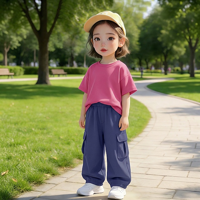 把图1的短袖和裤子给图的2的人物穿上，保留原场景光影，保持图2的人物的五官和发型不变，图片宽高尺寸不变，背景不变，鞋子变为白色运动鞋，人物姿势不变，保持图1的短袖和裤子的款式材质不变和颜色不变