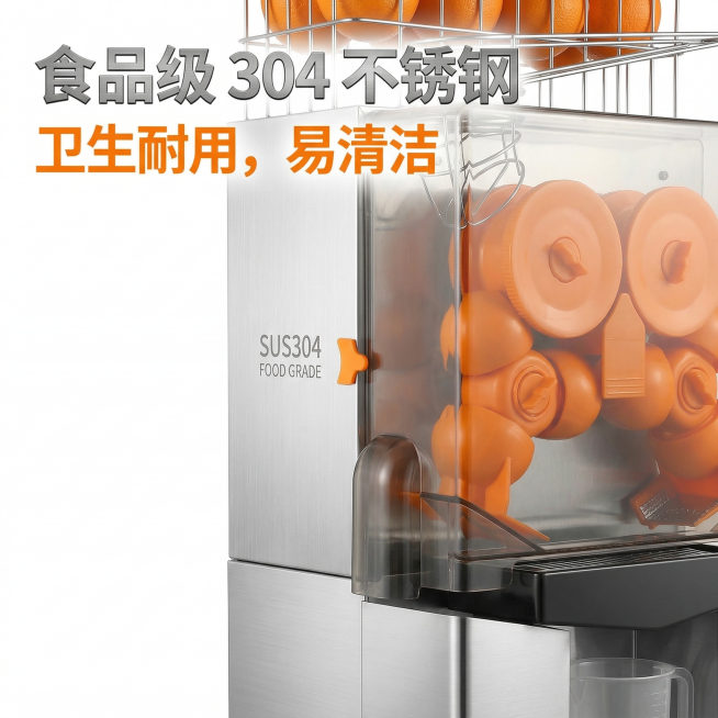 1:1竖版电商主图，严格还原商用全自动橙汁机产品图，包括不锈钢机身的拉丝纹理、透明操作舱的高透质感、橙色部件的食品级材质细节，产品外观与参考图完全一致，保持不锈钢高光质感、透明塑料质感、橙色部件质感。预览效果