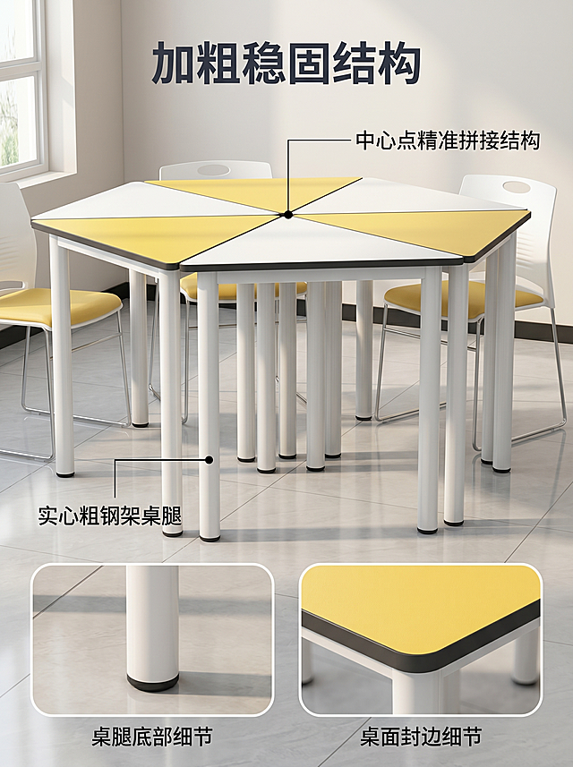 [主图 2] 稳固结构展示主图，钢架六边形桌结构亮点。
[氛围风格] 现代简约专业品质风，温馨居家生活感；
[画质] 商业摄影质感、光线柔和通透、产品清晰真实、画面干净高级。
[元素] 展示钢架六边形桌的桌腿结构与拼接处，产品置于现代简约空间原背景中。以细线引线标注实心粗钢架桌腿和中心点精准拼接结构，保持产品外观（物理结构、材质质感、颜色）与输入产品图绝对一致，杜绝任何变形和色差，精细化处理。商品主体占比严格控制在60%-80%之间，画面满屏无边框。下方两个圆角画中画分别展示桌腿底部细节和桌面封边细节，每个画中画内标注对应名称。
[光影] 上午侧向窗光，柔和漫射，金属钢架高光清晰，木材桌面纹理自然，阴影柔和，整体明暗层次清晰。
[配色] 主色调黄白与浅灰，黑色引线，深灰文字，对比清晰。
[视角构图] 平视低角度，聚焦底部支撑结构，整体产品保留完整，景深适中。
[文字版式] 顶部中心主标题 "加粗稳固结构"，深灰色大号粗体；引线标注对应细节名称，底部画中画内标注细节名称，小号深灰色字，不遮挡主体。
[比例分辨率] 3:4 比例，2k 分辨率；文字清晰锐利，画面超高清。
[负向提示词] 变形，水印，文字错乱，产品图模糊，背景杂乱，牛皮癣，配色刺眼，遮挡主体。