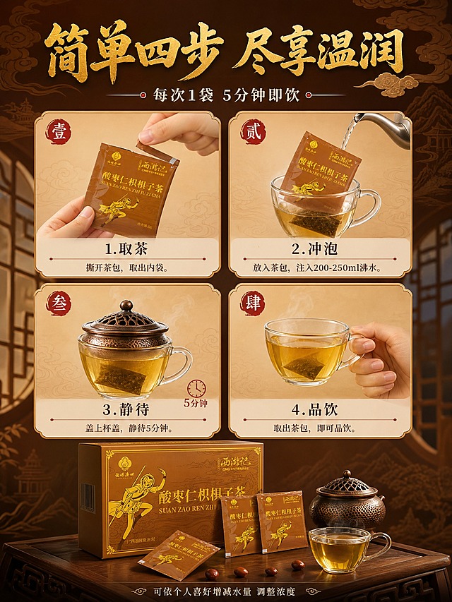 [商品] 使用【图2】茶包与茶汤图；保留茶包与玻璃杯外观。本页为冲泡方法示意页。
[画面] 目标：冲泡方法四步示意，降低使用门槛。构图：四宫格流程图+顶部标题。画面分为四个步骤方格，顺时针展示：第1步「取茶」——手撕开一袋茶包；第2步「冲泡」——将茶包放入玻璃杯，开水注入；第3步「静待」——盖上杯盖静待5分钟，热气升腾；第4步「品饮」——端起茶杯品饮。每格为独立小场景，配有中式步骤序号印章。背景：每格浅棕渐变+祥云底纹。画面底部露出完整礼盒作产品关联。
[视觉] 套系策略：风格=西游记联名国风商业摄影；标题字=厚重国风书法体；正文字=细宋体+简洁黑体组合；主色=暖棕+烫金；背景延展=基于暖棕金做深浅层级、中式祥云山水纹理、窗格剪影渐变；强调色=朱砂红，仅用于小印章、图标、引线端点；标题色=烫金色；正文色=米白+深棕；组件=祥云纹边框、朱砂印章、中式分隔线、圆角棕底信息卡；光影=每格统一暖柔光，干净明亮。
[文字] 顶部主标题「简单四步 尽享温润」烫金书法大字；副标题「每次1袋 5分钟即饮」米白细宋体；四宫格每格下方配步骤名称「1.取茶」「2.冲泡」「3.静待」「4.品饮」+简短说明；底部小字「可依个人喜好增减水量 调整浓度」。
[规格] 图片比例3:4竖版，4K，负向：文字错字、步骤混乱、手部畸形、医疗功效、极限词。