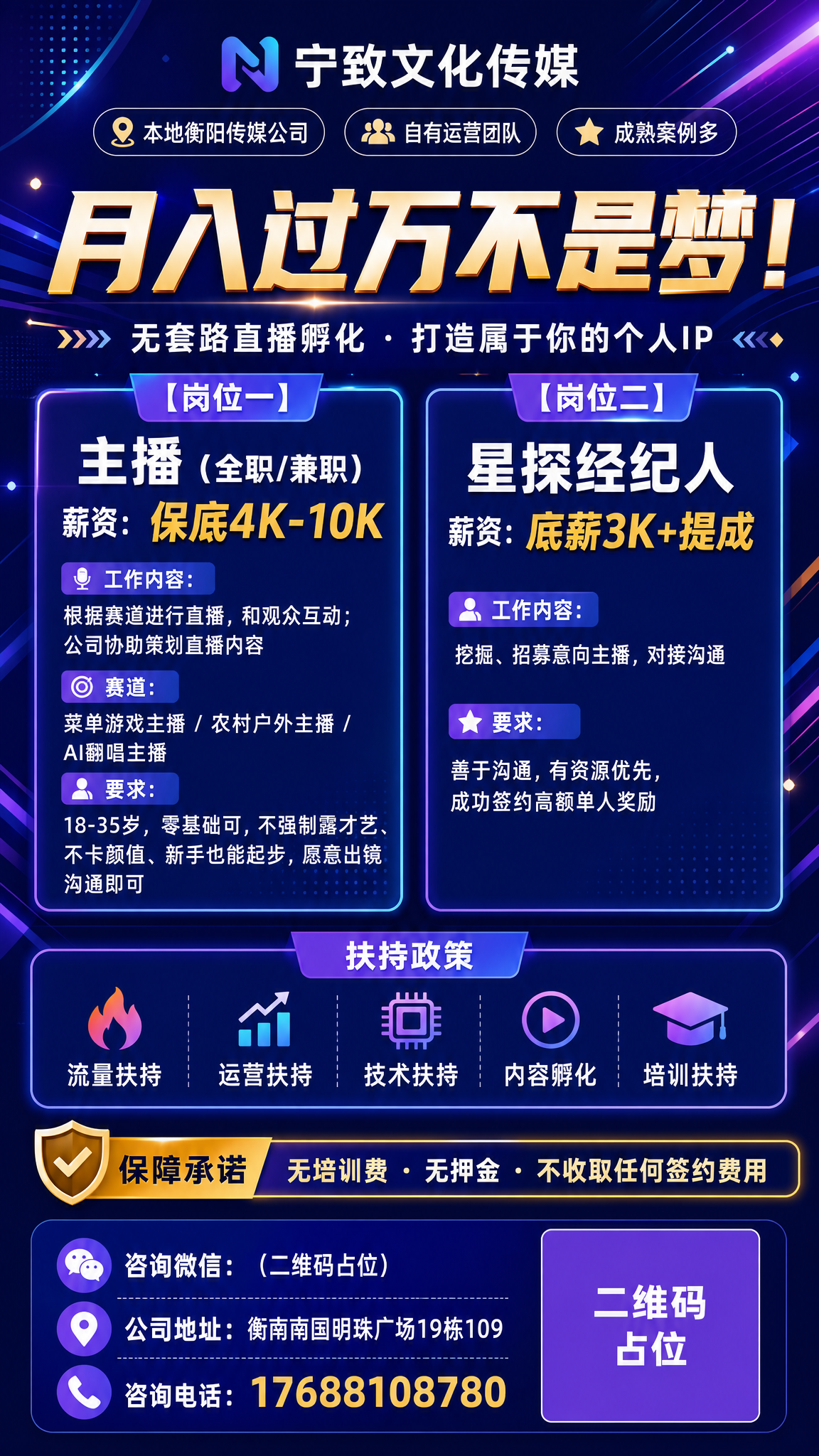 一张现代商务风格的招聘海报，竖版9:16比例。背景采用深蓝紫渐… - 图片创意预览