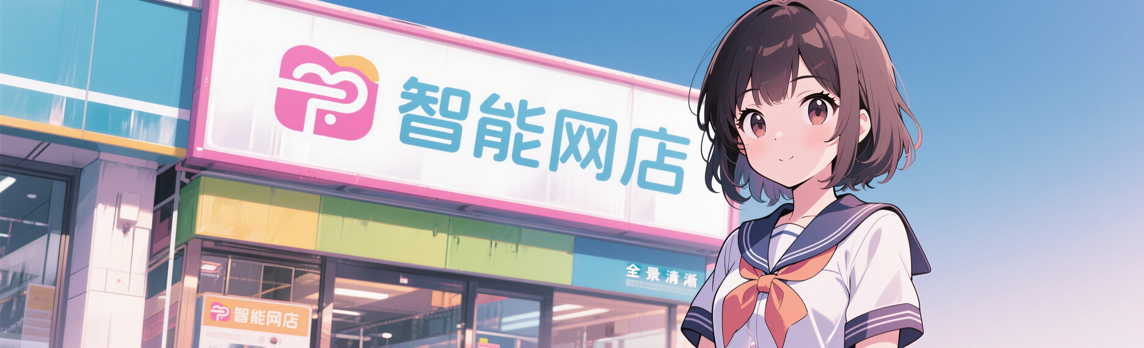店招，包含文字“智能网店”，有一位动漫萝莉穿着JK制服，风格清… - 图片创意预览