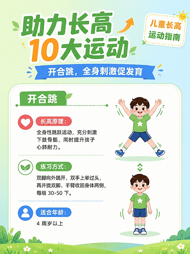 延续前几张海报的清新健康亲子风格，画面比例3:4。主标题"助力长高10大运动"，副标题"开合跳，全身刺激促发育"，装饰文字"儿童长高 运动指南"，正文完整包含：
开合跳
❤️长高原理：全身性跳跃运动，充分刺激下肢骨骺，同时提升孩子心肺耐力。
💚练习方式：双脚向外跳开、双手上举过头，再并拢双脚、手臂收回身体两侧，每组 30-50 下。
💙适合年龄：4 周岁以上
所有文字清晰可读，排版分区与前几张保持一致，背景采用浅绿+浅蓝渐变，搭配简约开合跳运动剪影装饰，整体干净明亮，符合儿童健康主题，版式精美，所有信息全部放在一张图内。