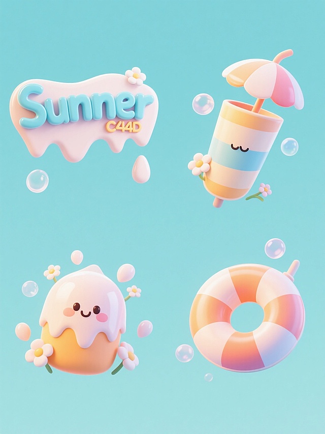 一系列4个不同元素内容的3D立体插画集合，保持圆润可爱的C4D风格，采用纯色背景，每个元素均有光滑渐变的材质和柔和的光影效果，整体色彩变换为清新明亮的色调，元素类目为夏季相关物品，包含融化效果的立体文字、卡通化的物体造型、点缀的小花和气泡，所有元素规整排布，形成统一和谐的视觉系列，具有细腻的高光和阴影细节，传达欢快活泼的夏日氛围，设计感十足，视觉层次清晰，信息传达直接，适合作为夏季主题的系列宣传素材。