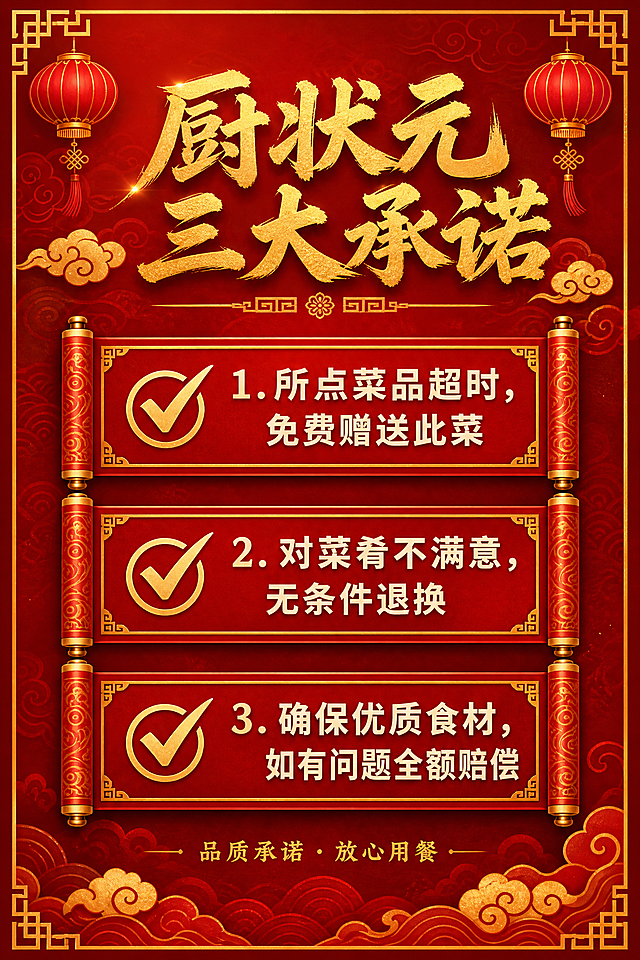 将这张餐厅承诺海报重新设计为喜庆中国风风格，保留全部文字内容和三大承诺的结构。整体采用大红色和金色为主色调，背景为深红色渐变，带有淡淡的祥云纹理或传统纹样装饰。主标题"厨状元三大承诺"使用金色书法字体或烫金效果，大气醒目，位于画面顶部中央。标题两侧或下方有金色中式装饰纹样，如云纹、回纹或灯笼元素。中间三大承诺区域，每条承诺用金色边框的卡片或卷轴样式呈现，对勾图标改为金色。承诺文字为白色或浅黄色，清晰醒目。画面底部"品质承诺·放心用餐"使用金色小字。整体氛围喜庆热闹，充满中国传统节日气息，适合餐饮行业使用，排版精美，四周留有安全边距。画面中所有信息区域必须填充完整合理的内容，不得出现空白框或待填写区域。