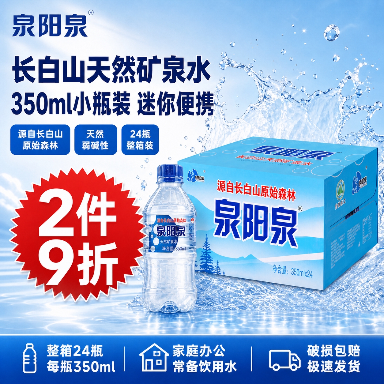 将海报中的2L大瓶装泉阳泉矿泉水整提6瓶，替换为350ml小瓶… - 图片创意预览