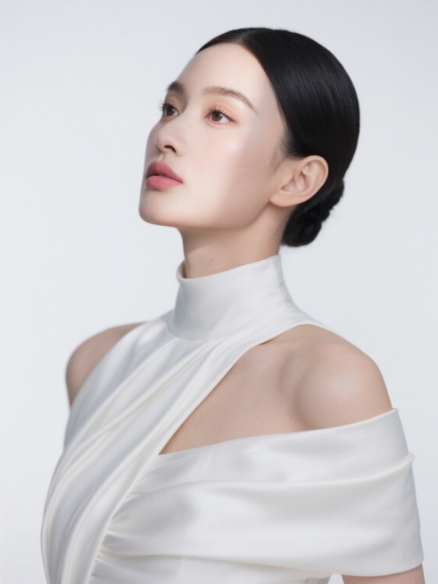 超高清时尚人像摄影，亚洲女性，精致无瑕的白皙肌肤，自然通透的淡妆，柔和的大地色系眼影，裸粉色哑光唇妆，乌黑顺滑的低发髻，露出光洁的额头和优美的颈部线条，身着设计感白色高领露肩礼服，衣料呈现细腻的缎面光泽与垂坠感，左肩处有立体褶皱装饰，人物微微侧身，头部转向左侧，眼神清澈明亮望向斜上方，表情恬静而略带疏离感，整体姿态优雅端庄，光线为柔和的前侧光，在面部和肩部形成自然的明暗过渡与细腻高光，背景为纯……预览效果