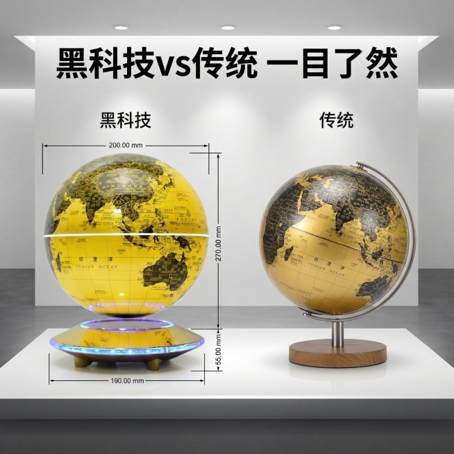 对比图1：将这款黑金磁悬浮地球仪与普通地球仪并列展示，左侧是悬浮自转的磁悬浮地球仪，右侧是普通支架地球仪，搭配文案"黑科技vs传统 一目了然"，突出产品的独特性预览效果