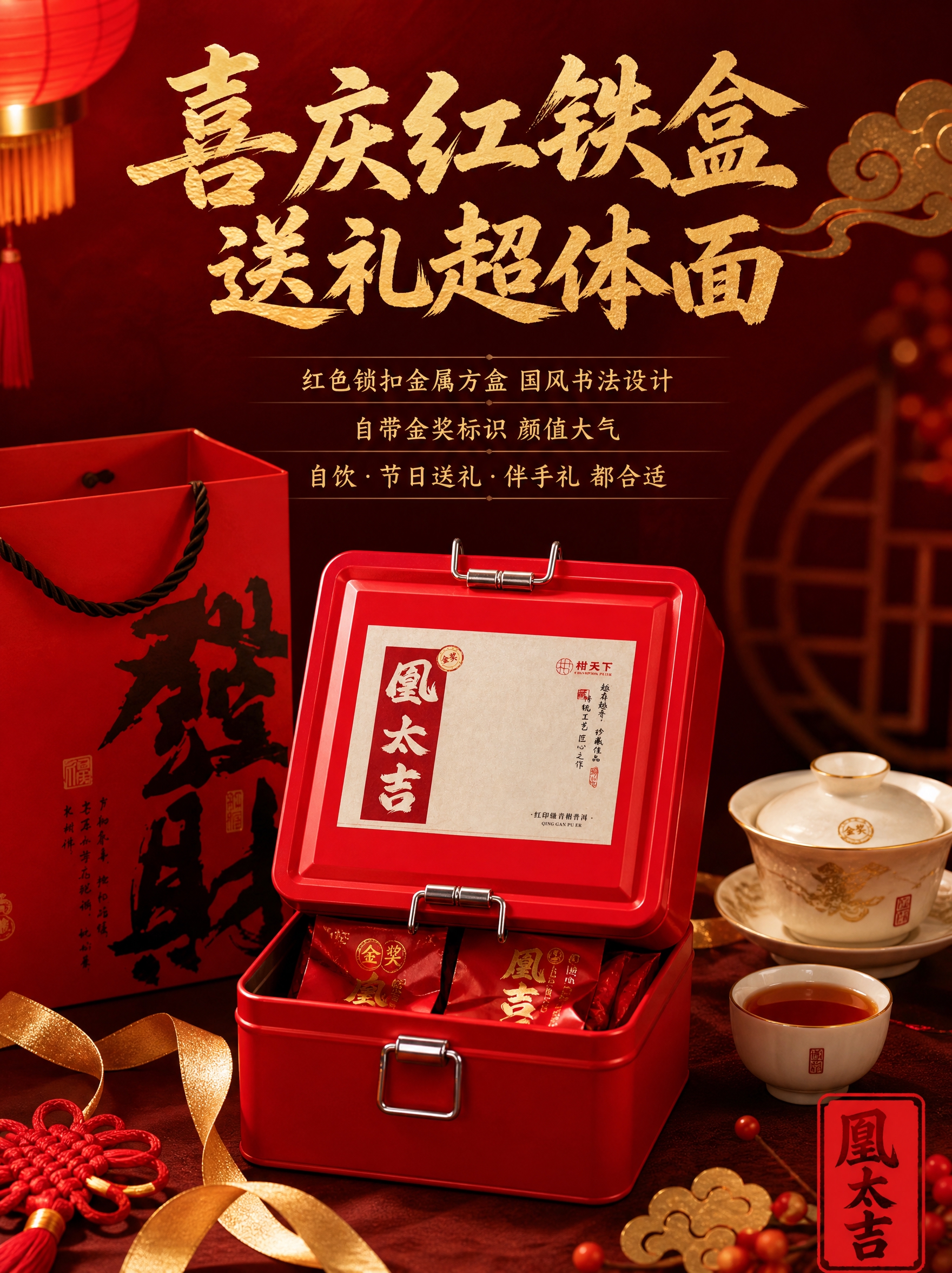 [有文字主图-5] 礼盒送礼卖点，正方形铁盒+手提袋，突出喜庆… - 图片创意预览