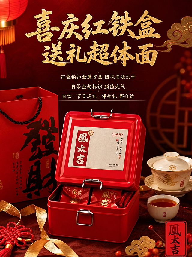 [有文字主图-5] 礼盒送礼卖点，正方形铁盒+手提袋，突出喜庆体面。
[统一基调] 抖音风格，3:4竖版，喜庆红色氛围，国风高级，中文文案，突出送礼属性。
[画面] 画面中央正方形红色铁盒微微开盖，露出内部小泡袋；左侧红色手提礼袋，右侧白瓷茶具+茶汤；周围金色丝带、小灯笼、祥云装饰；深红渐变背景。
[光影质感] 暖调聚光，铁盒红色饱满，金色装饰有光泽，氛围喜庆。
[配色] 深红背景+中国红+金色文字，喜庆高级。
[文字版式] 顶部大标题「喜庆红铁盒 送礼超体面」金色粗体书法大字；三行卖点：「红色锁扣金属方盒 国风书法设计」「自带金奖标识 颜值大气」「自饮·节日送礼·伴手礼 都合适」；右下角红色印章「凰太吉」。
[输出要求] 3:4竖版，2K，产品清晰，氛围喜庆，文字清晰；负向：禁止变形、错字、模糊、水印、平台Logo、廉价感。