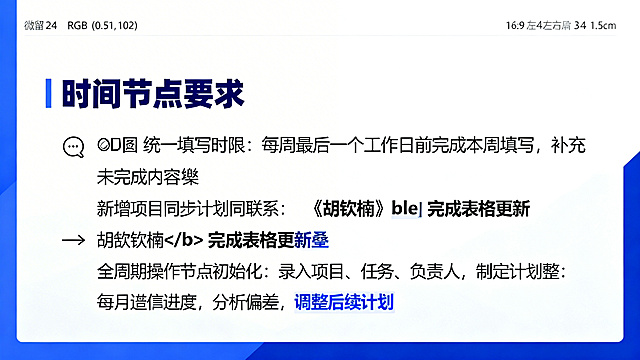PPT页面，16:9宽屏，蓝白配色，上下左右各留1.5cm留白，居左放置标题"时间节点要求"，字体微软雅黑24号加粗，颜色深蓝色RGB(0,51,102)。保留📅 🔄 📞图标，内容左对齐，内容为：📅 统一填写时限：每周最后一个工作日前完成本周填写，补充未完成内容📞 新增项目同步：随时联系 <b style="color:blue;">胡钦楠</b> 完成表格更新🔄 全周期操作节点初始化：录入项目、任务、负责人，制定计划时间线日常更新：每周更新进度状态，完善备注信息回顾与调整：每月审视进度，分析偏差，调整后续计划，字体微软雅黑14号，颜色黑色RGB(34,34,34)，正文行距1.5倍，段落间空一行，“胡钦楠”加粗标蓝，整体内容不贴边