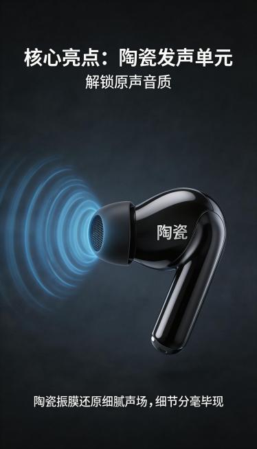 【选定风格：科技未来风】，电商详情竖版，蓝牙耳机本体 1:1 还原，细节 / 颜色 / 比例精准，主色亮面黑 (#1A1A1A) 不准改，辅色深空灰 (#333333)、点缀色银色 (#C8C8C8)预览效果